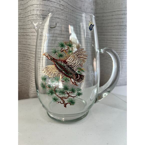 Vintage West Virginia Glass Hand Made Pitcher and 6 glasses hunting lodge birds - Picture 3 of 11